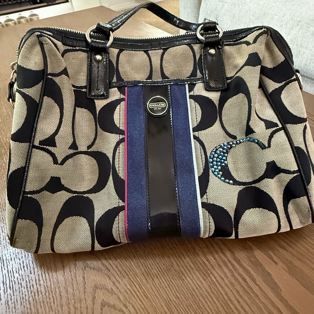 Coach Tan and Black Signature Canvas Satchel with Blue Stripe and Pink Trim
